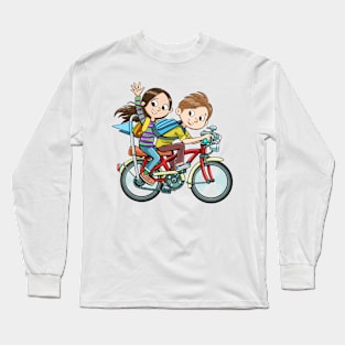 children go to school on bicycles Long Sleeve T-Shirt